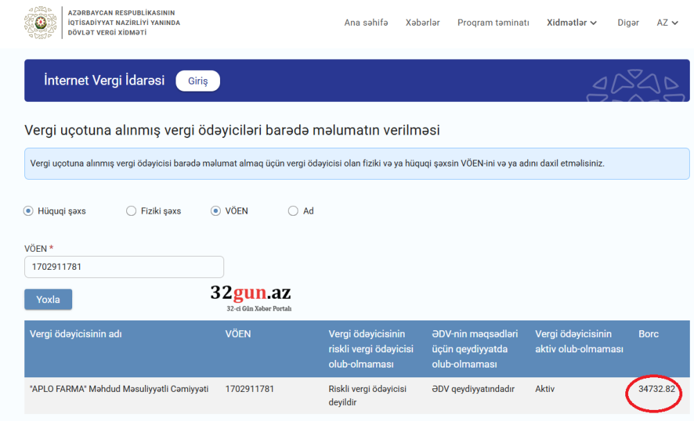 “APLO FARMA” MMC-nin vergi borcu üzə çıxıb
